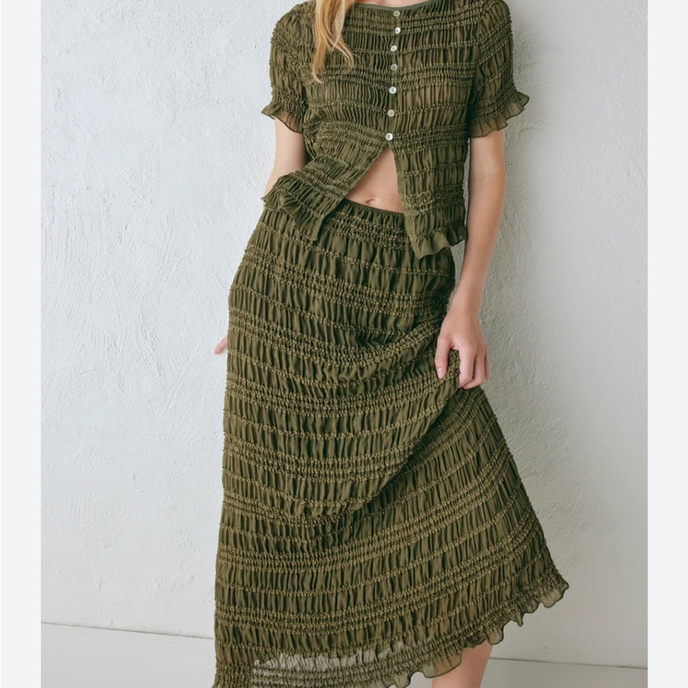 VRG GRL- olive smocked top and skirt